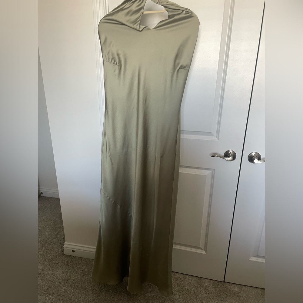 Show Me Your Mumu Jasmine Halter Maxi Dress in Moss Green Luxe Satin